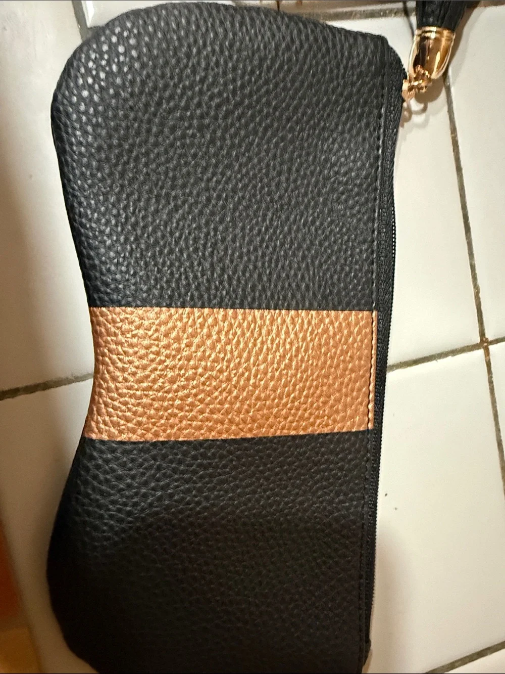 Black Cosmetic Pouch with Bronze Accent Stripe - Travel Makeup Case